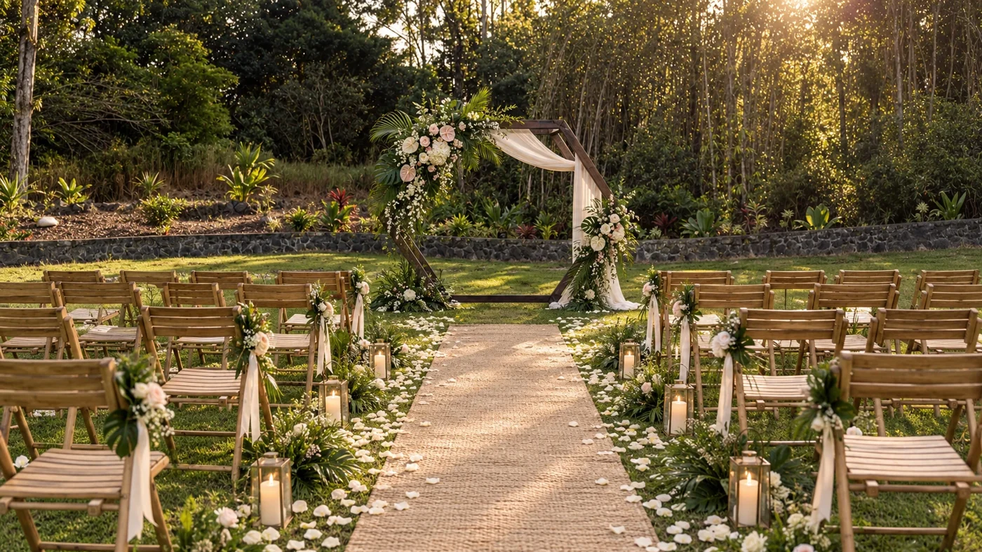 Wide tropical ceremony aisle at Koa’s illustrating ceremony layout and rental planning