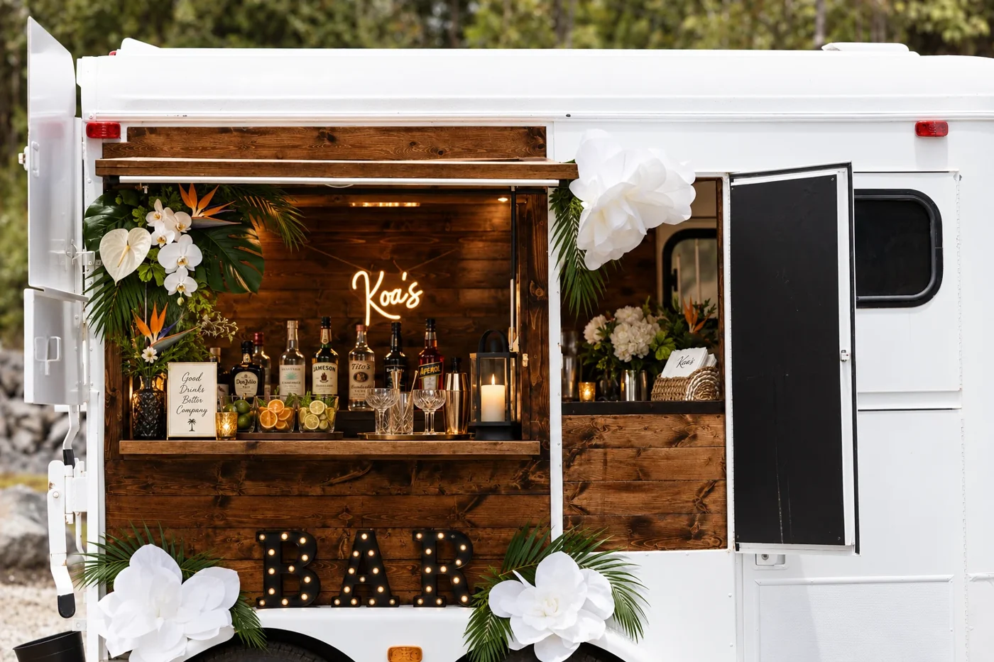 Koa’s Mobile Bar service window illustrating a professionally equipped event bar