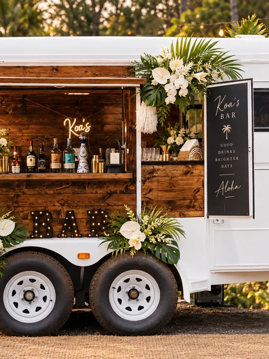 Koa’s Mobile Bar trailer styled with tropical florals at golden hour