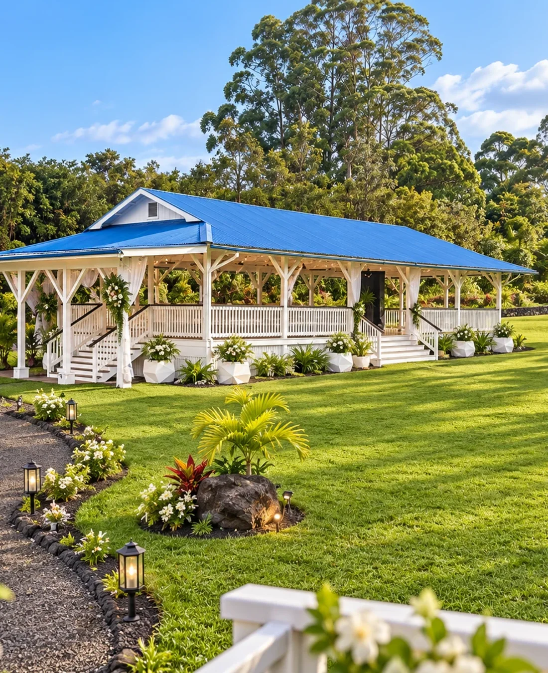Koa’s pavilion surrounded by lush tropical landscaping