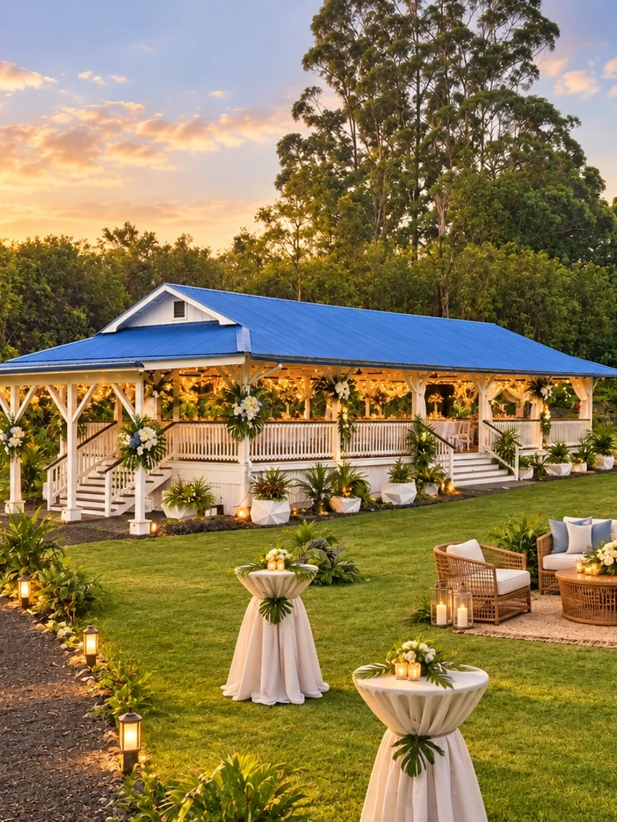 Wedding reception glowing inside the pavilion at sunset