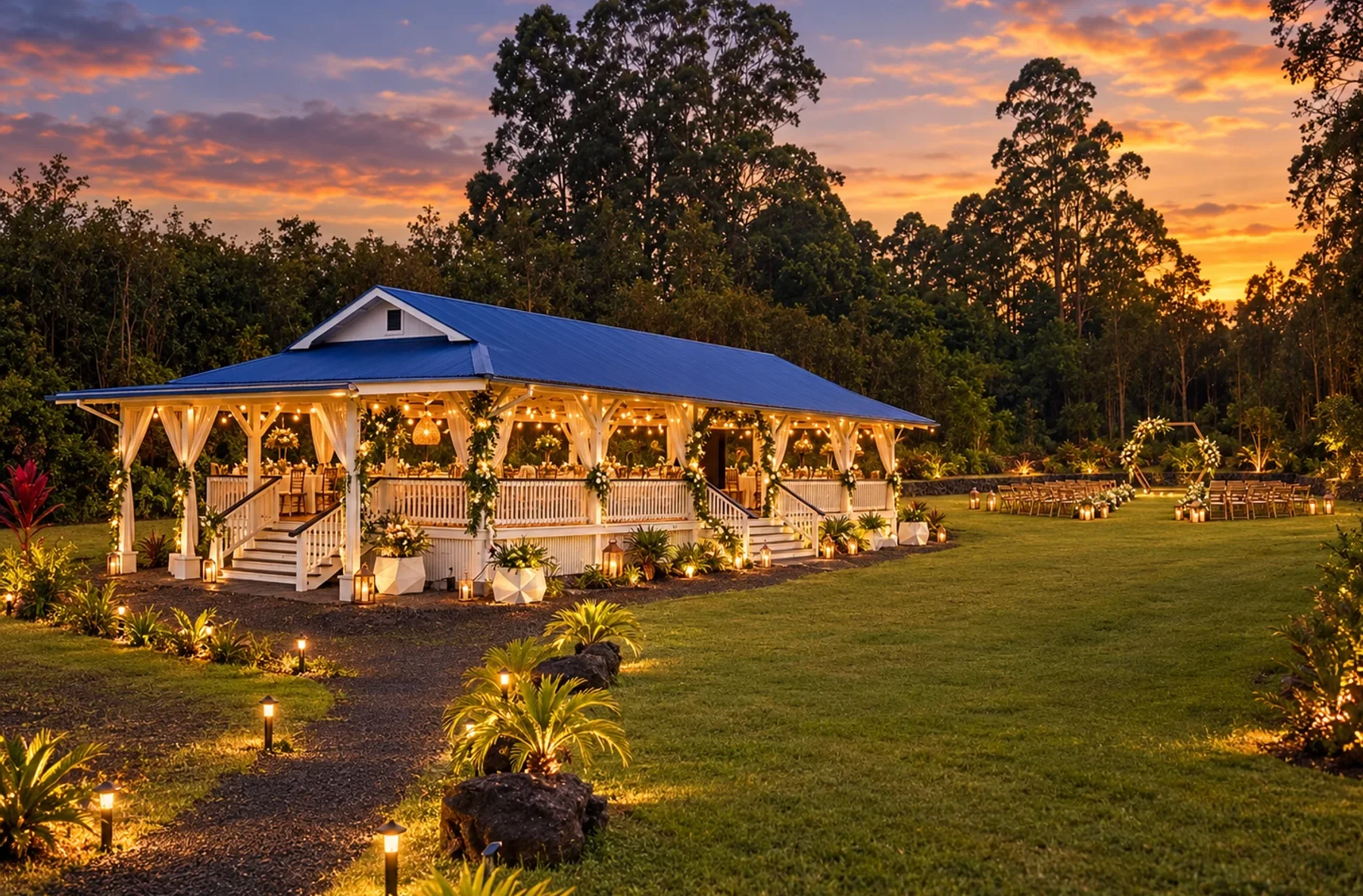 Koa’s pavilion glowing at sunset across the lawn