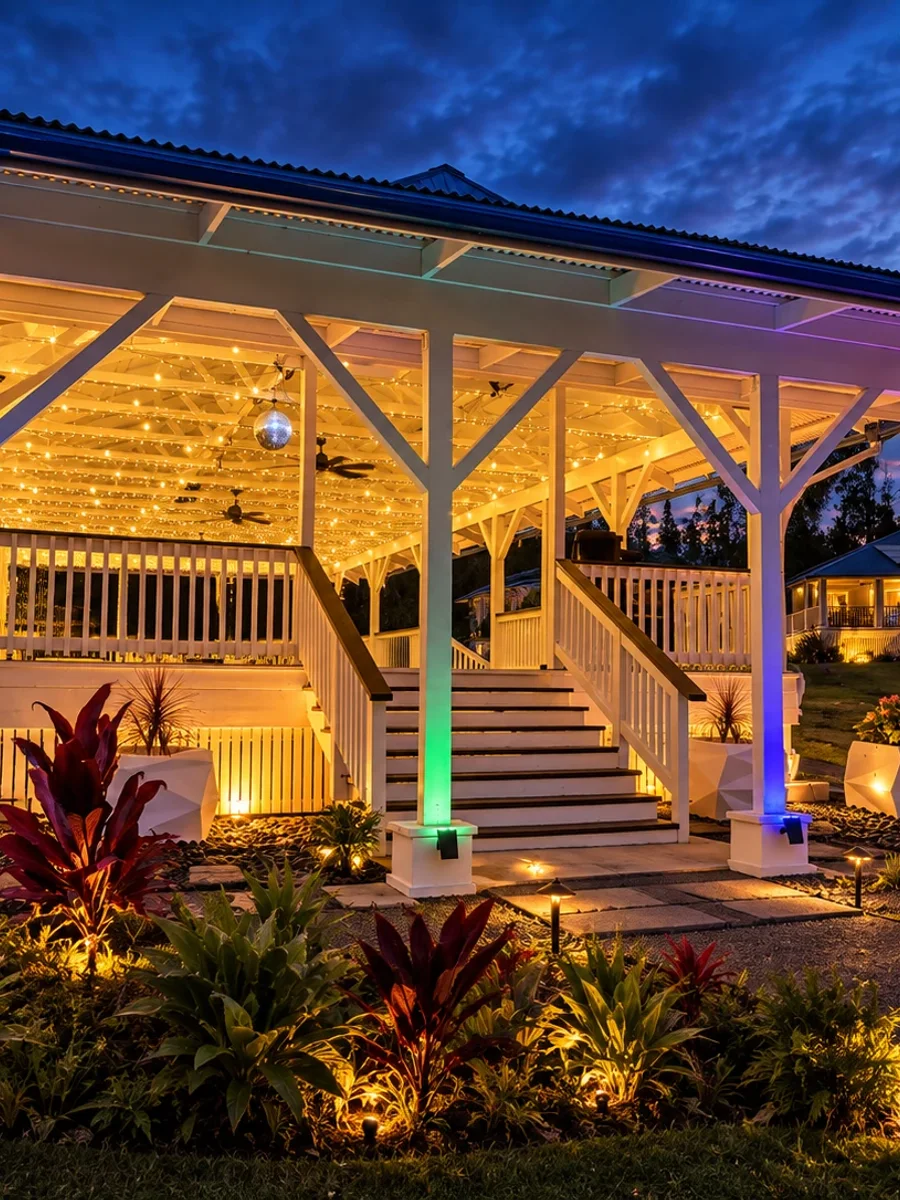 Front entrance of the Koa’s pavilion at golden hour