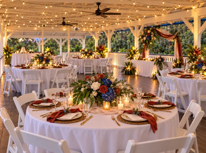 Reception tables styled in rust, navy and tropical florals inside the pavilion