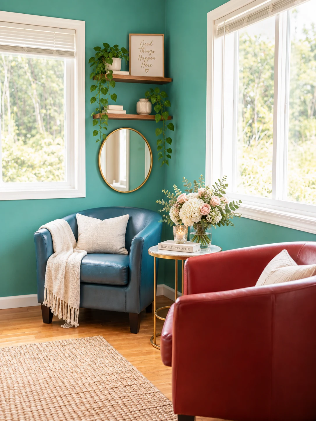 Styled bridal lounge nook with flowers and comfortable seating