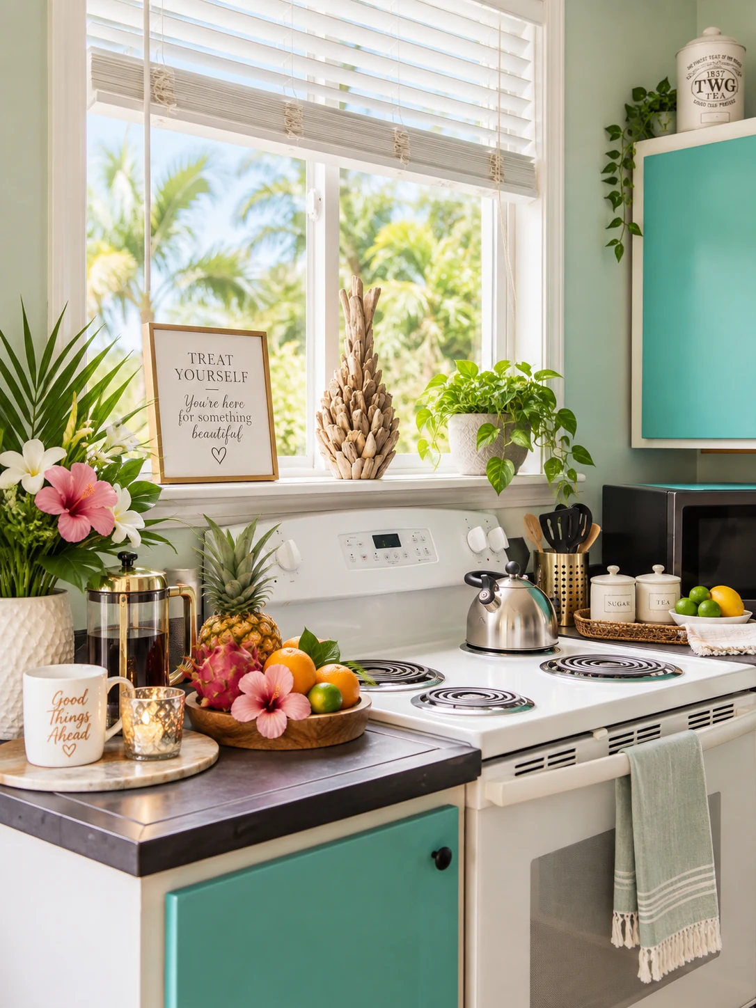 Bright cottage kitchenette styled with tropical hospitality details