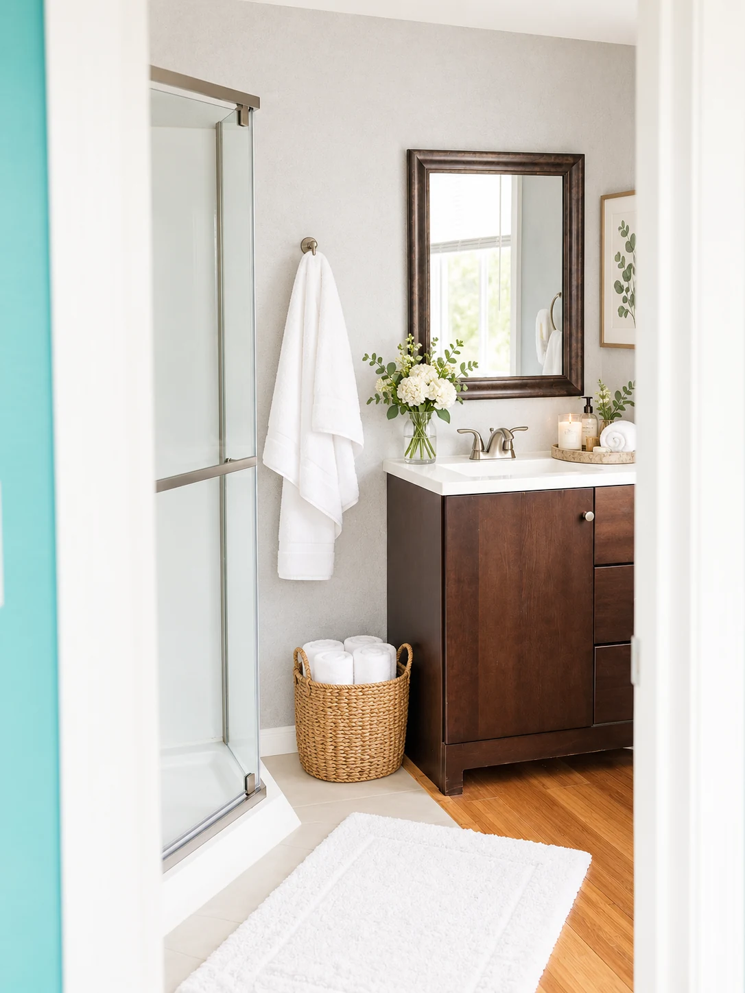 Bright guest bathroom styled with fresh towels, greenery and spa details
