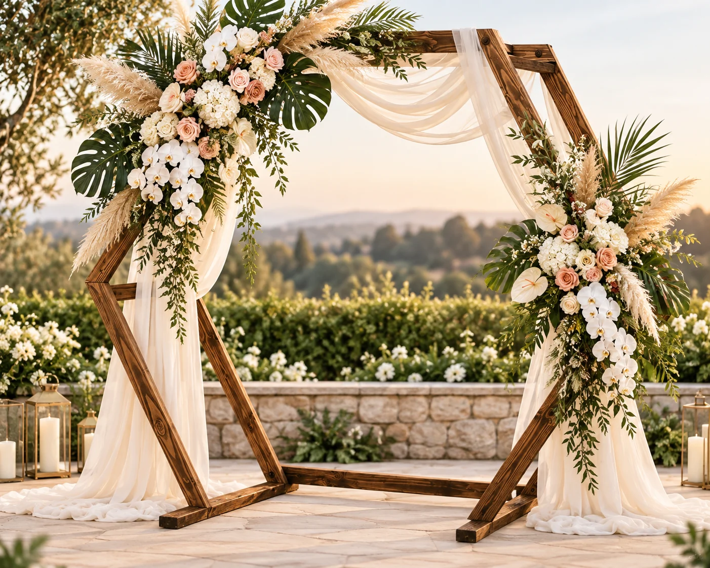 Styled wooden ceremony arch at Koa’s showing how rentals and florals shape a wedding design