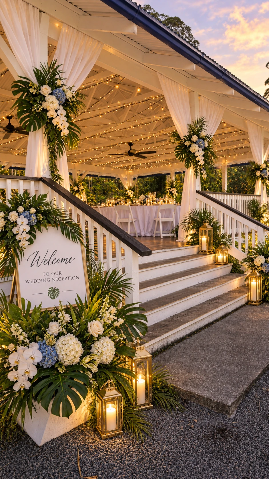 Romantic floral entrance up the pavilion stairs