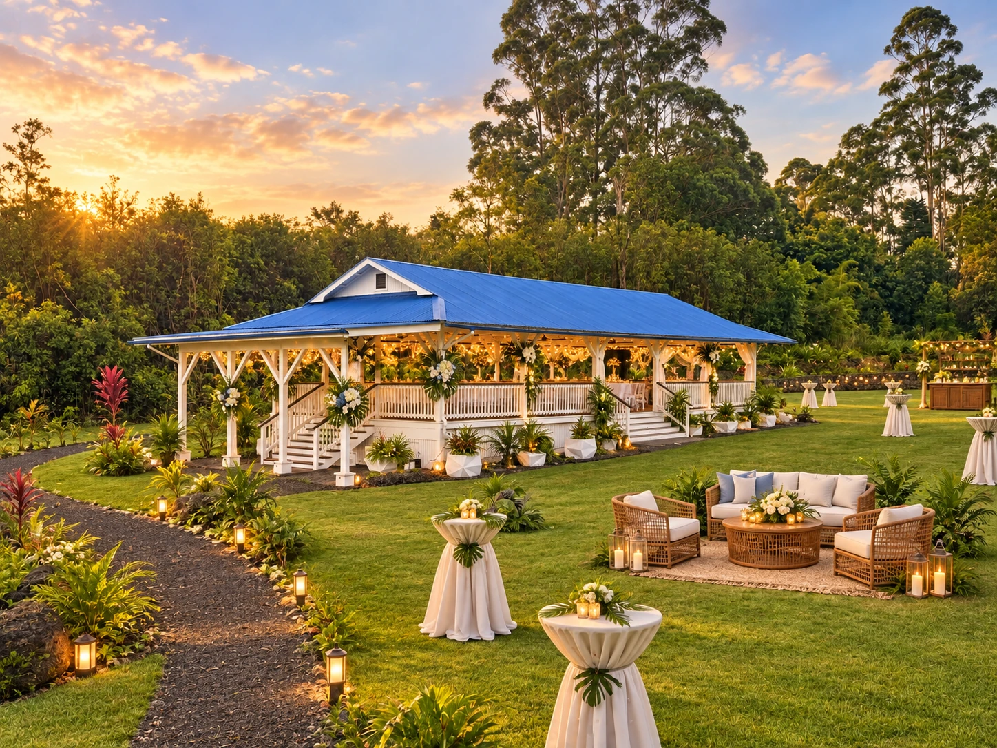 Wedding reception glowing inside the pavilion at sunset